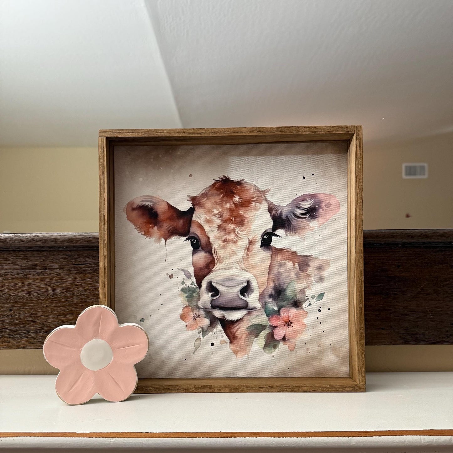 Brown Cow with Pink Flowers Wood Frame Sign