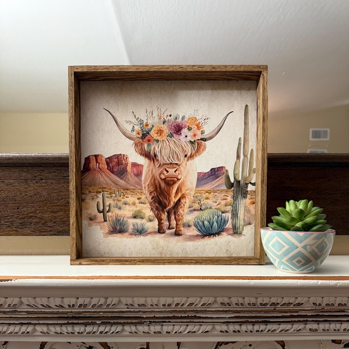 Highland Cow in Desert Wood Frame Sign