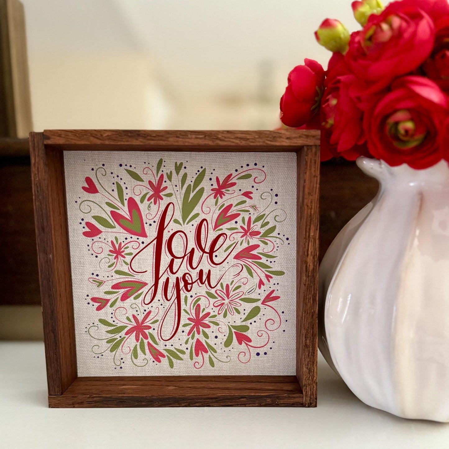 Love You Floral Wood Frame Sign