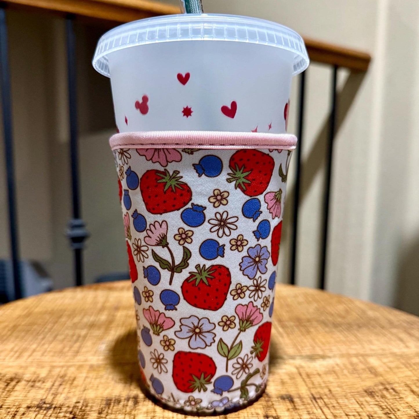 Strawberry Floral Iced Coffee Sleeve | Neoprene Reusable Cup Holder