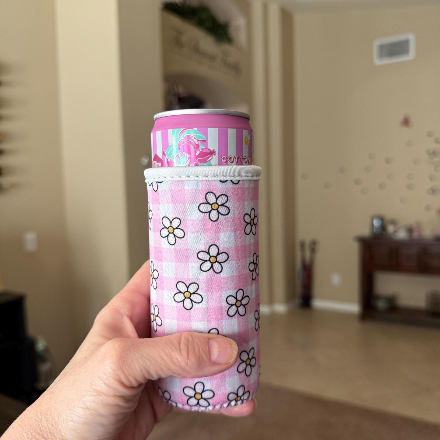 Pink Gingham Daisy Slim Can Sleeve | Neoprene Insulated Can Cooler