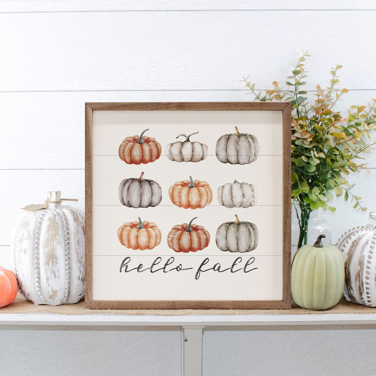 Hello Fall Orange And Gray Pumpkins White