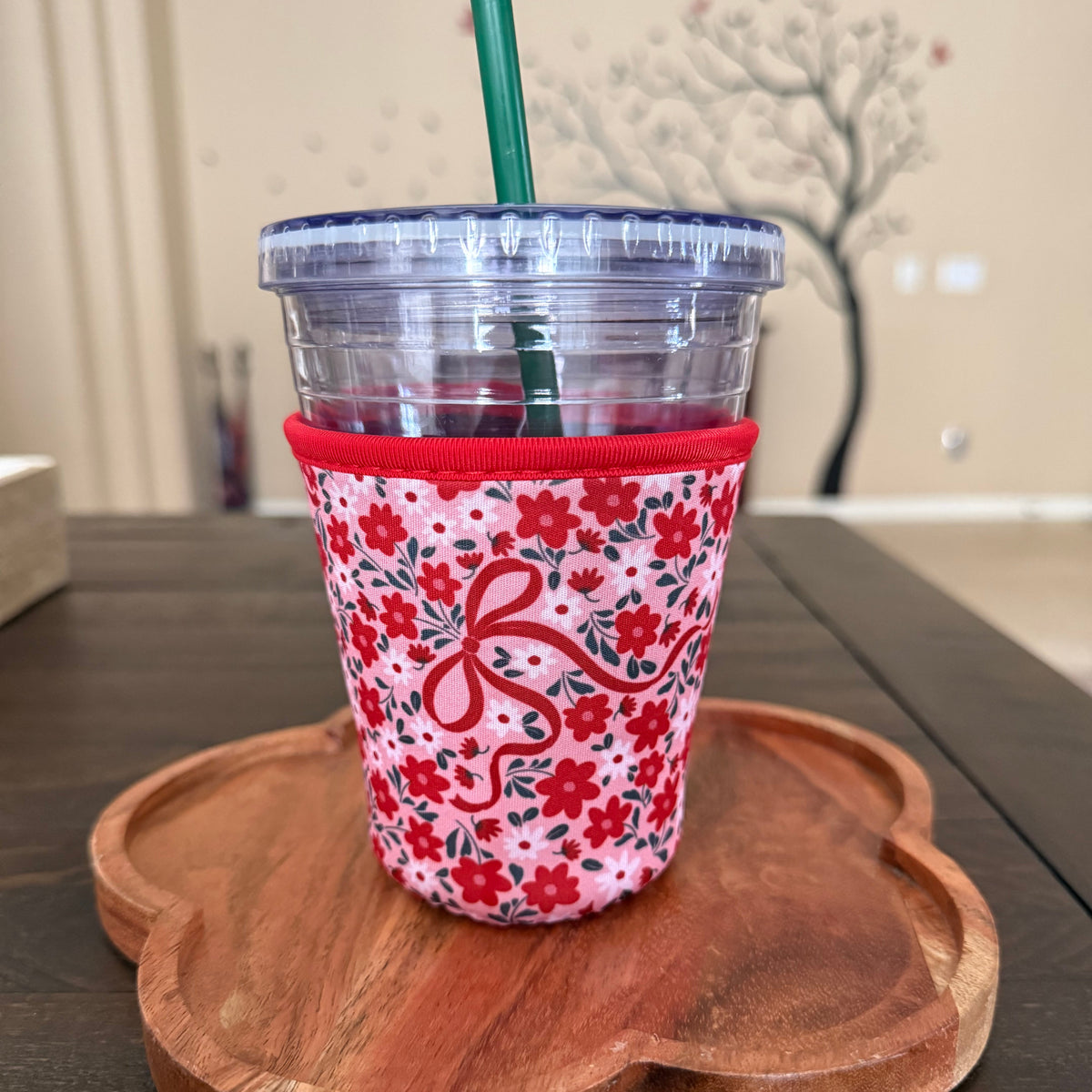 Pink Coquette Bow Coffee Cozy | Floral Drink Sleeve for Iced Coffee Cups