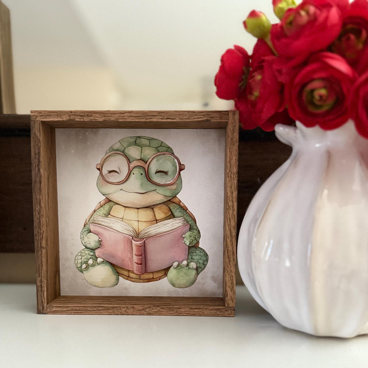 Storytime Turtle Canvas Art – Whimsical Reading Room Decor