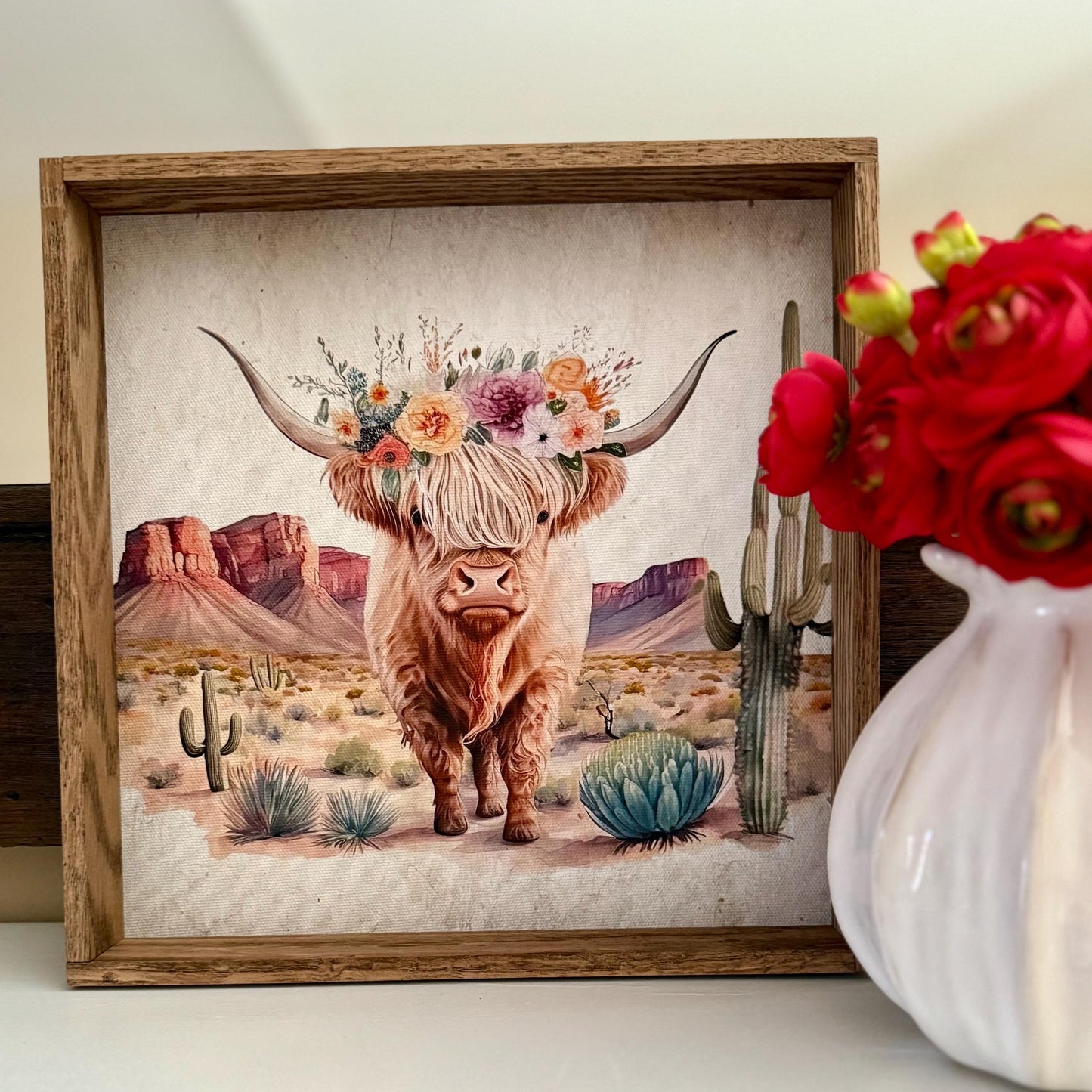 Highland Cow in Desert Wood Frame Sign