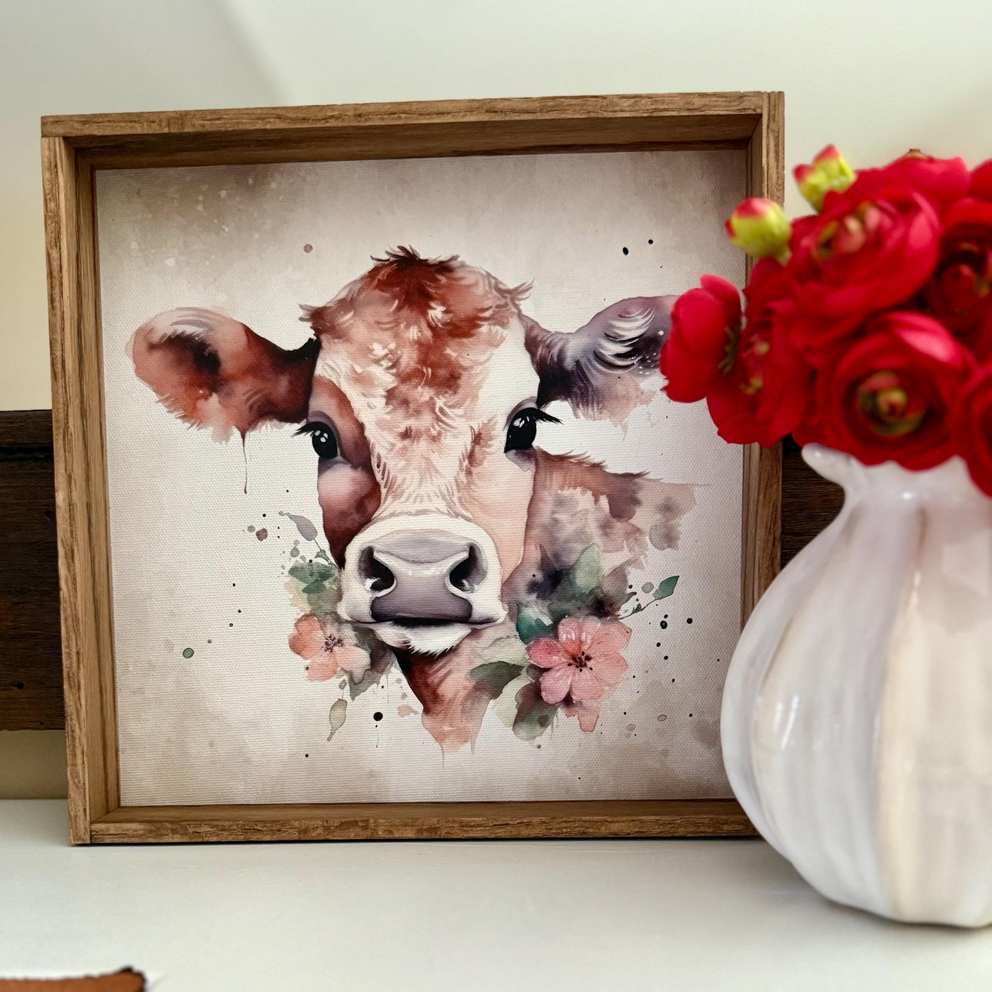 Brown Cow with Pink Flowers Wood Frame Sign