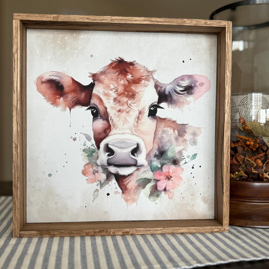 Brown Cow with Pink Flowers Wood Frame Sign