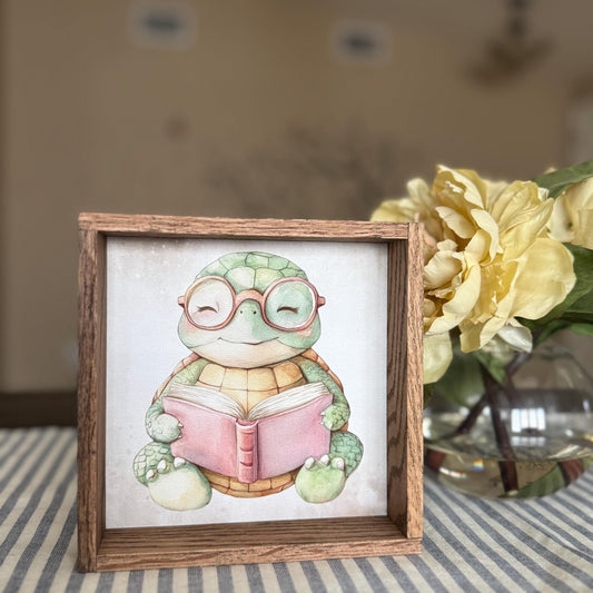 Storytime Turtle Canvas Art – Whimsical Reading Room Decor