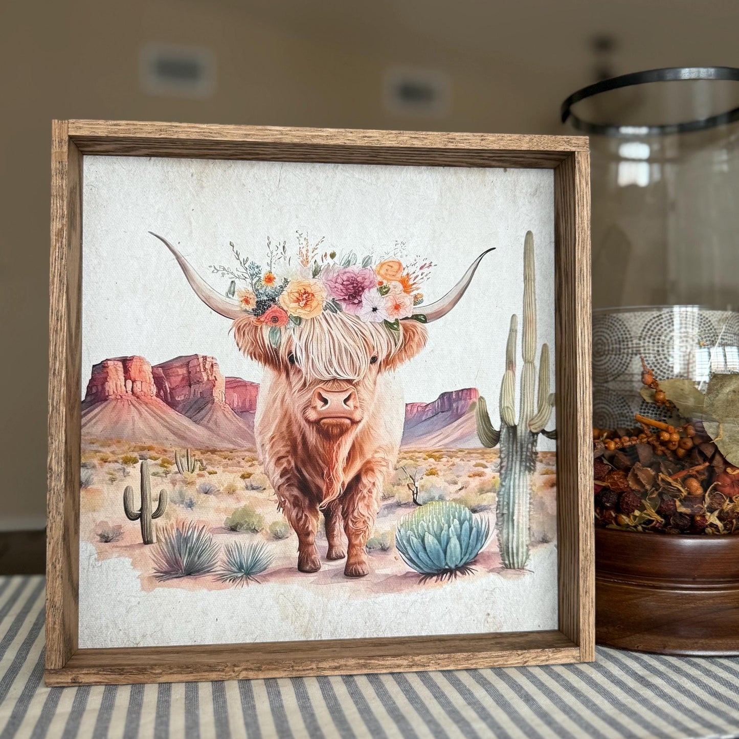 Highland Cow in Desert Wood Frame Sign