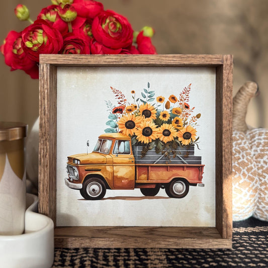 Vintage Orange Truck Sunflower Wood Frame Sign
