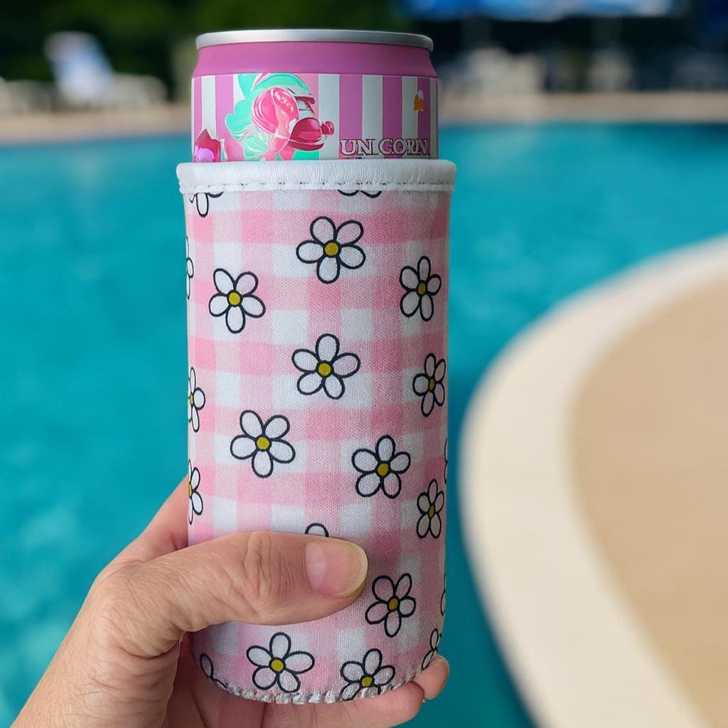 Pink Gingham Daisy Slim Can Sleeve | Neoprene Insulated Can Cooler