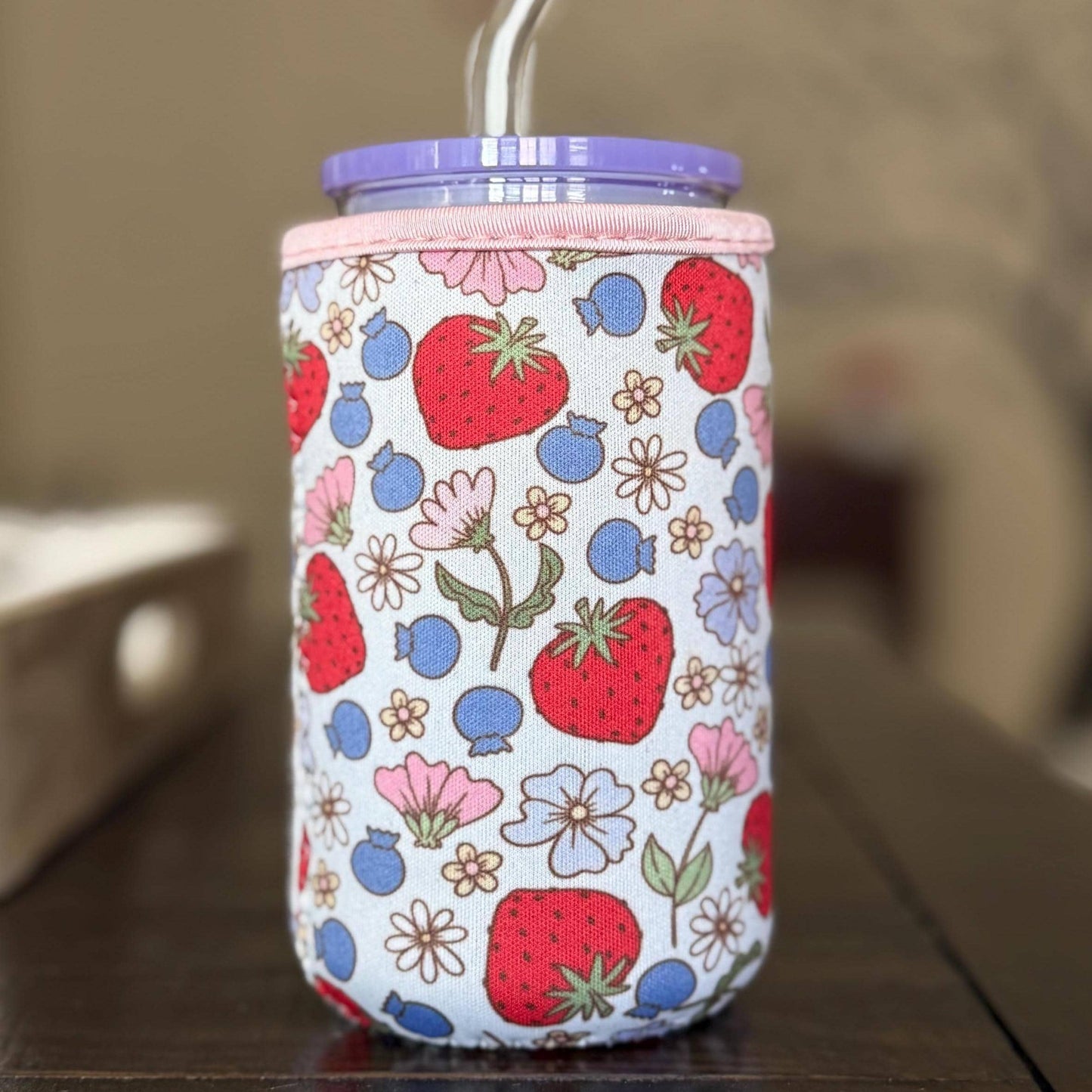 Strawberry Floral Iced Coffee Sleeve | Neoprene Reusable Cup Holder