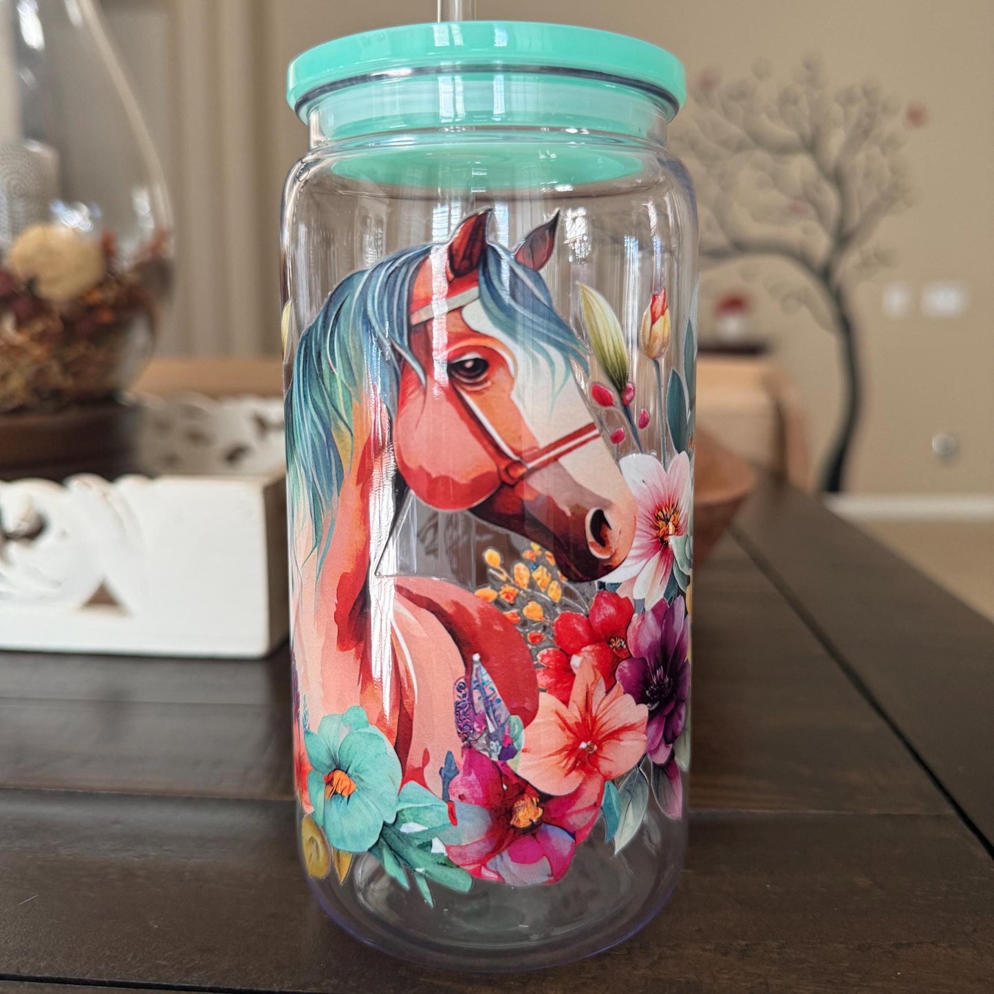 Colorful Horse Floral Cup | 16oz Acrylic | UV DTF Wrap
