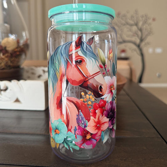Colorful Horse Floral Cup | 16oz Acrylic | UV DTF Wrap