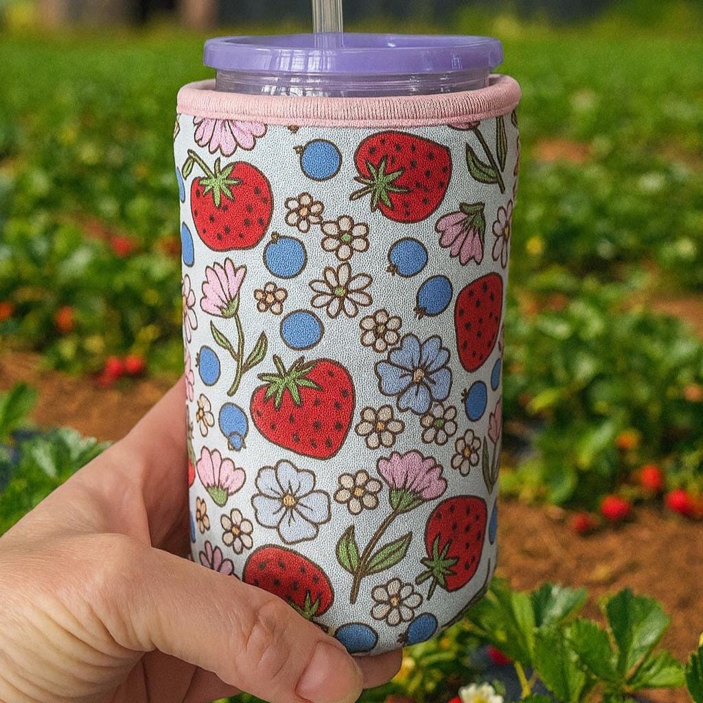 Strawberry Floral Iced Coffee Sleeve | Neoprene Reusable Cup Holder