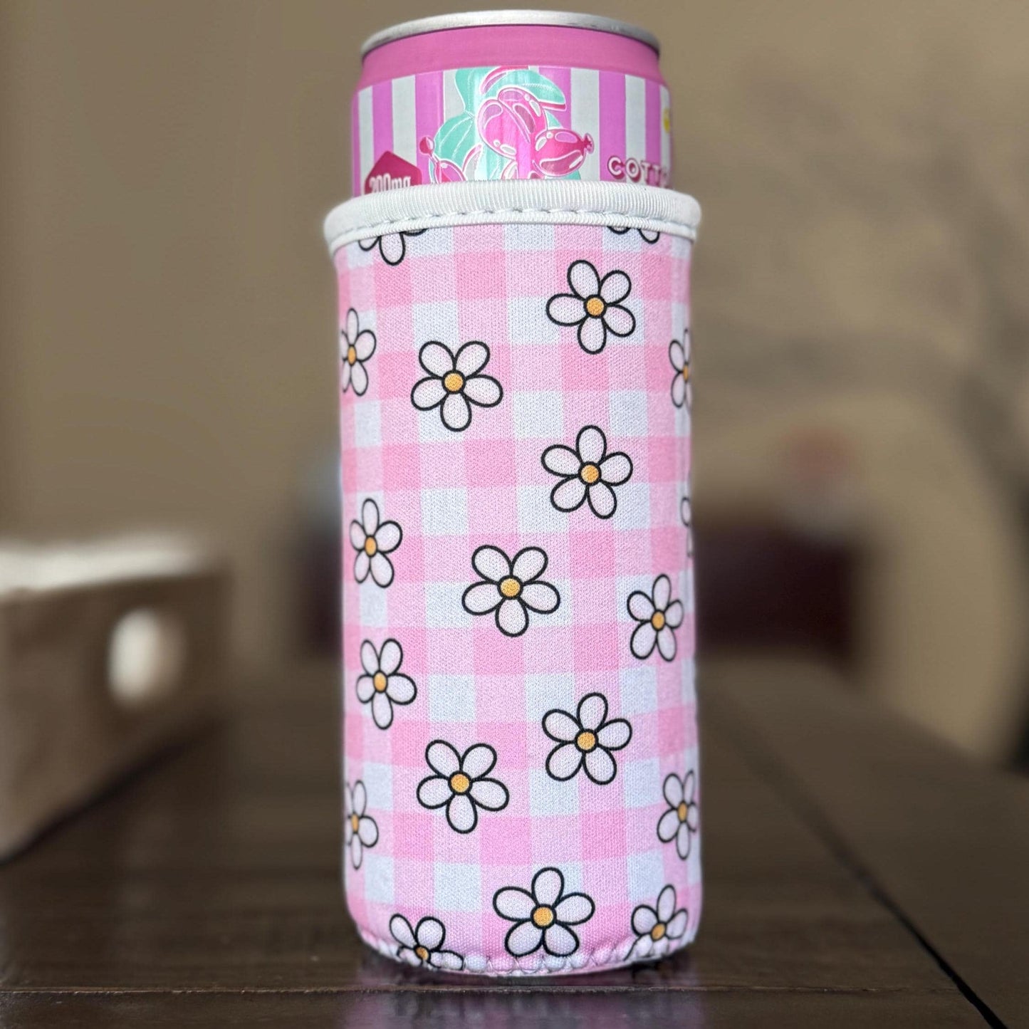 Pink Gingham Daisy Slim Can Sleeve | Neoprene Insulated Can Cooler
