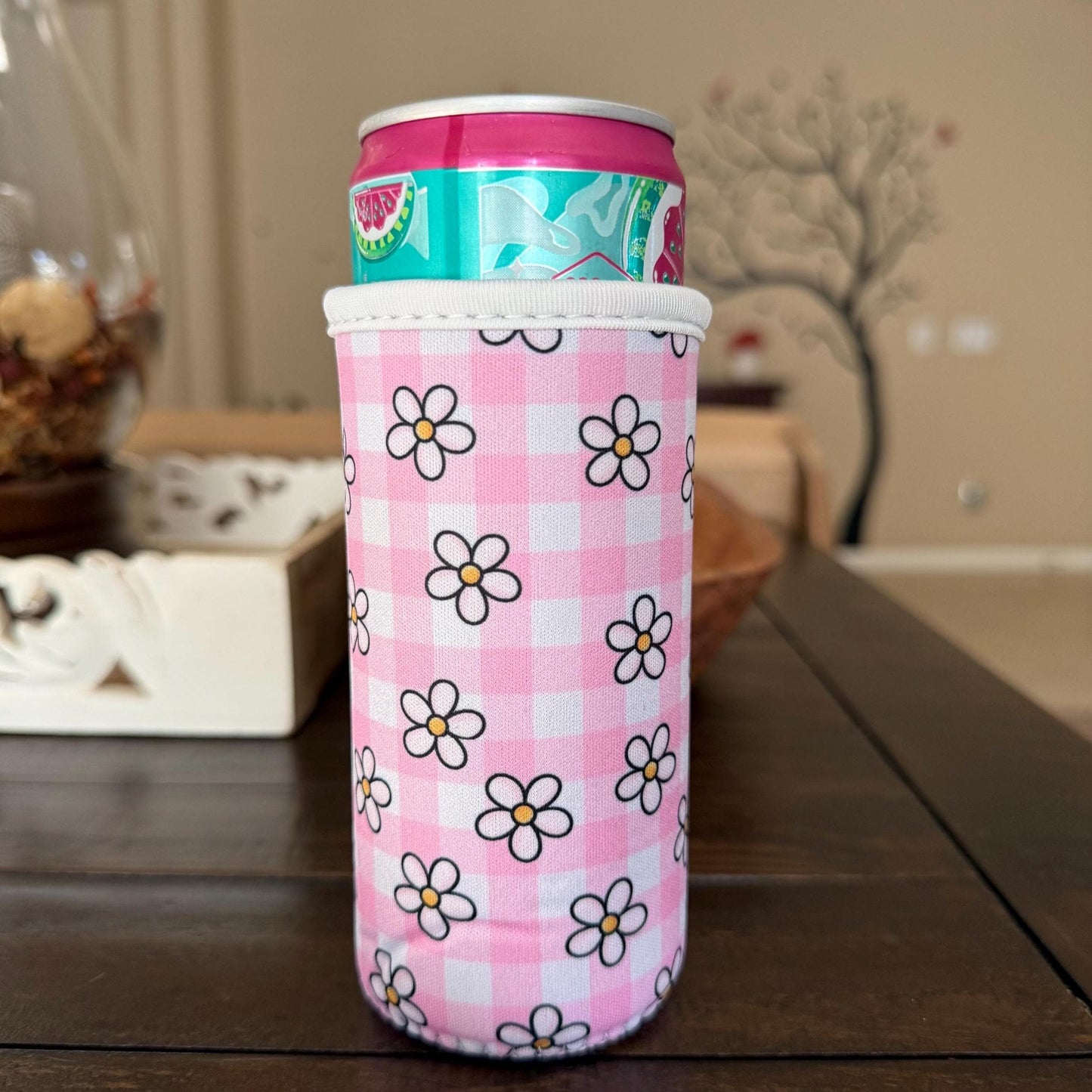 Pink Gingham Daisy Slim Can Sleeve | Neoprene Insulated Can Cooler