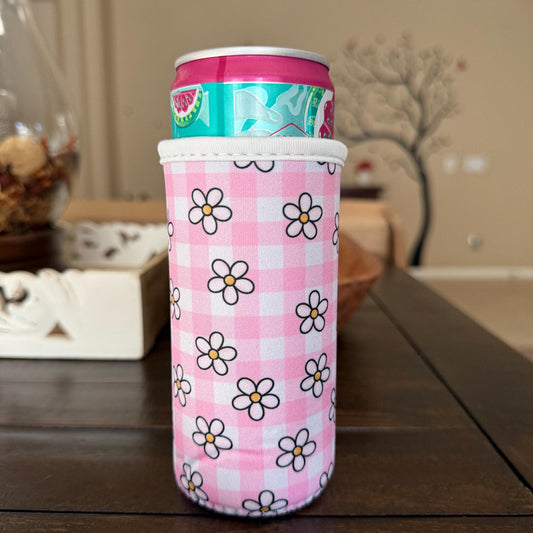 Pink Gingham Daisy Slim Can Sleeve | Neoprene Insulated Can Cooler