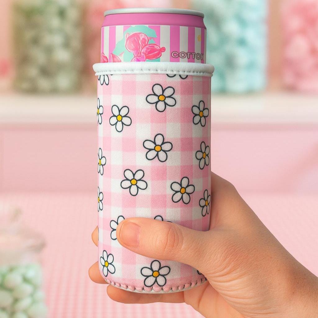 Pink Gingham Daisy Slim Can Sleeve | Neoprene Insulated Can Cooler