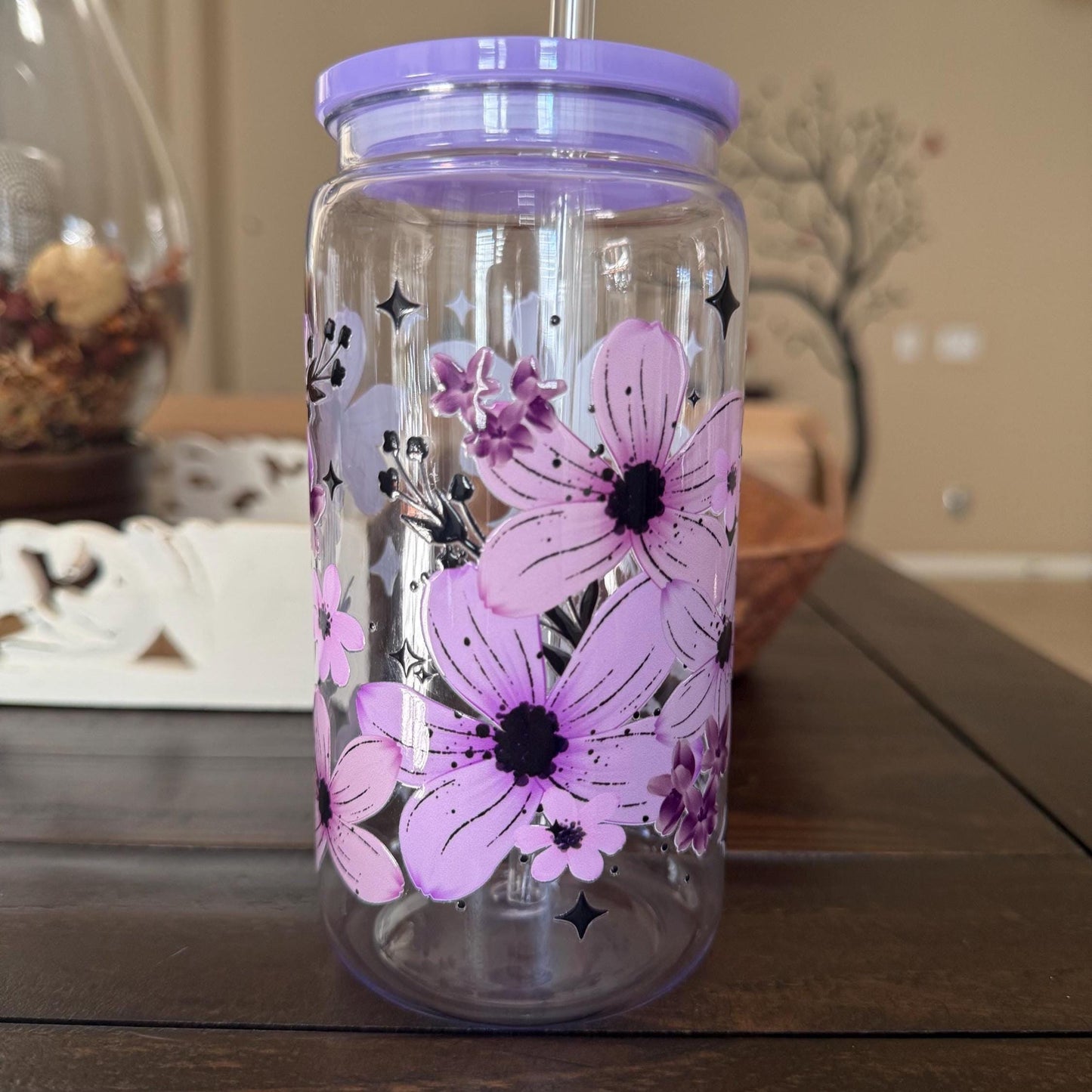 Purple Floral Cup | 16oz Acrylic Tumbler | UV DTF Wrap