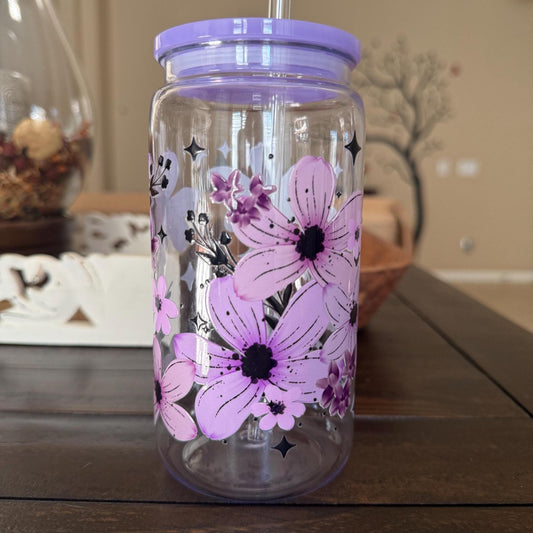 Purple Floral Cup | 16oz Acrylic Tumbler | UV DTF Wrap
