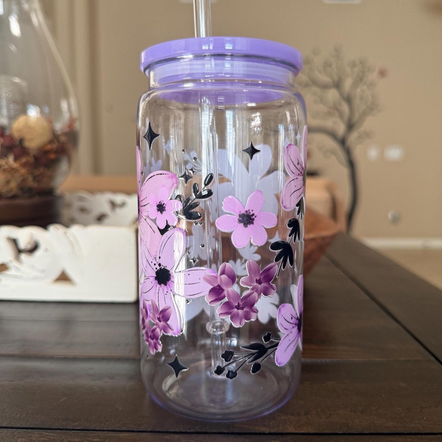 Purple Floral Cup | 16oz Acrylic Tumbler | UV DTF Wrap