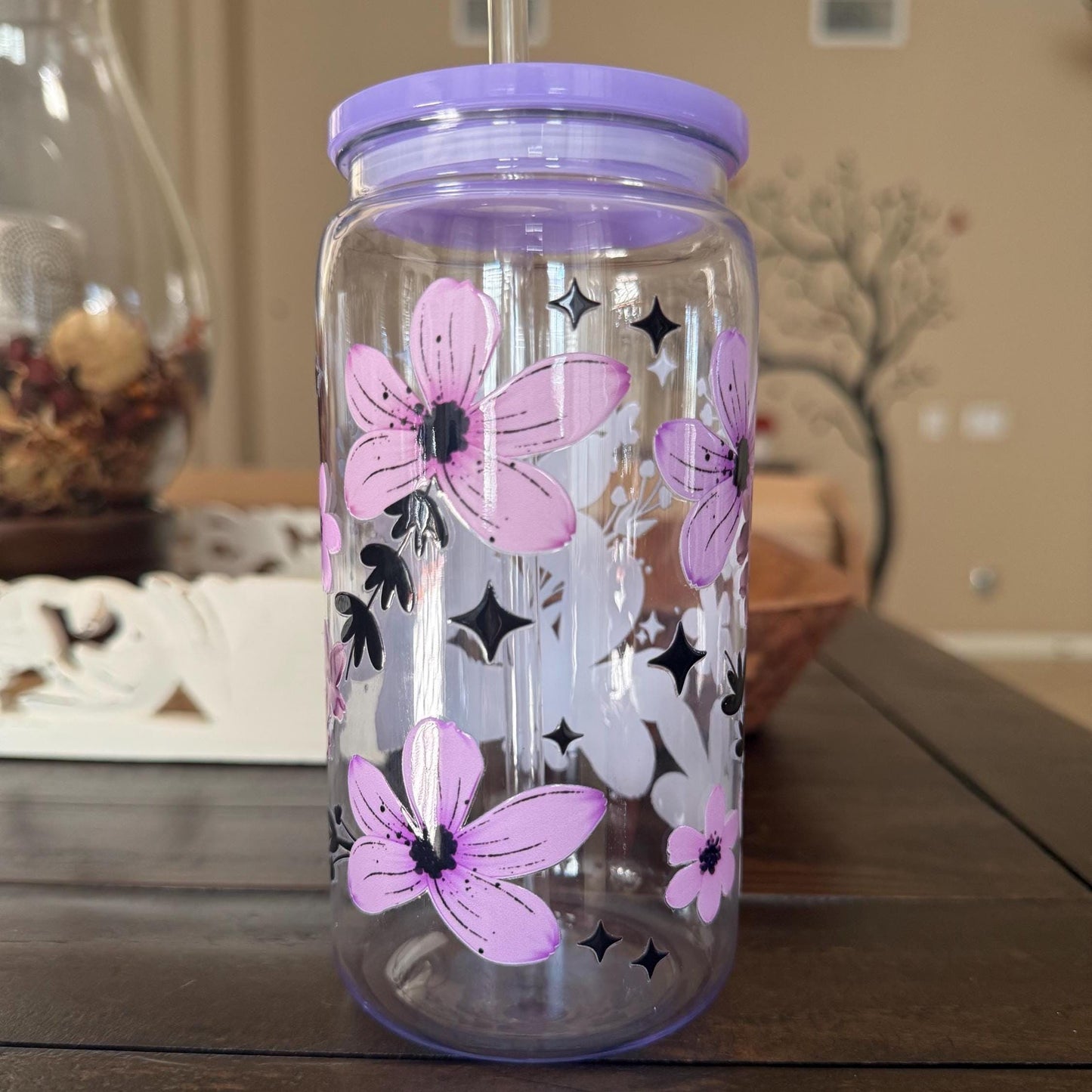Purple Floral Cup | 16oz Acrylic Tumbler | UV DTF Wrap