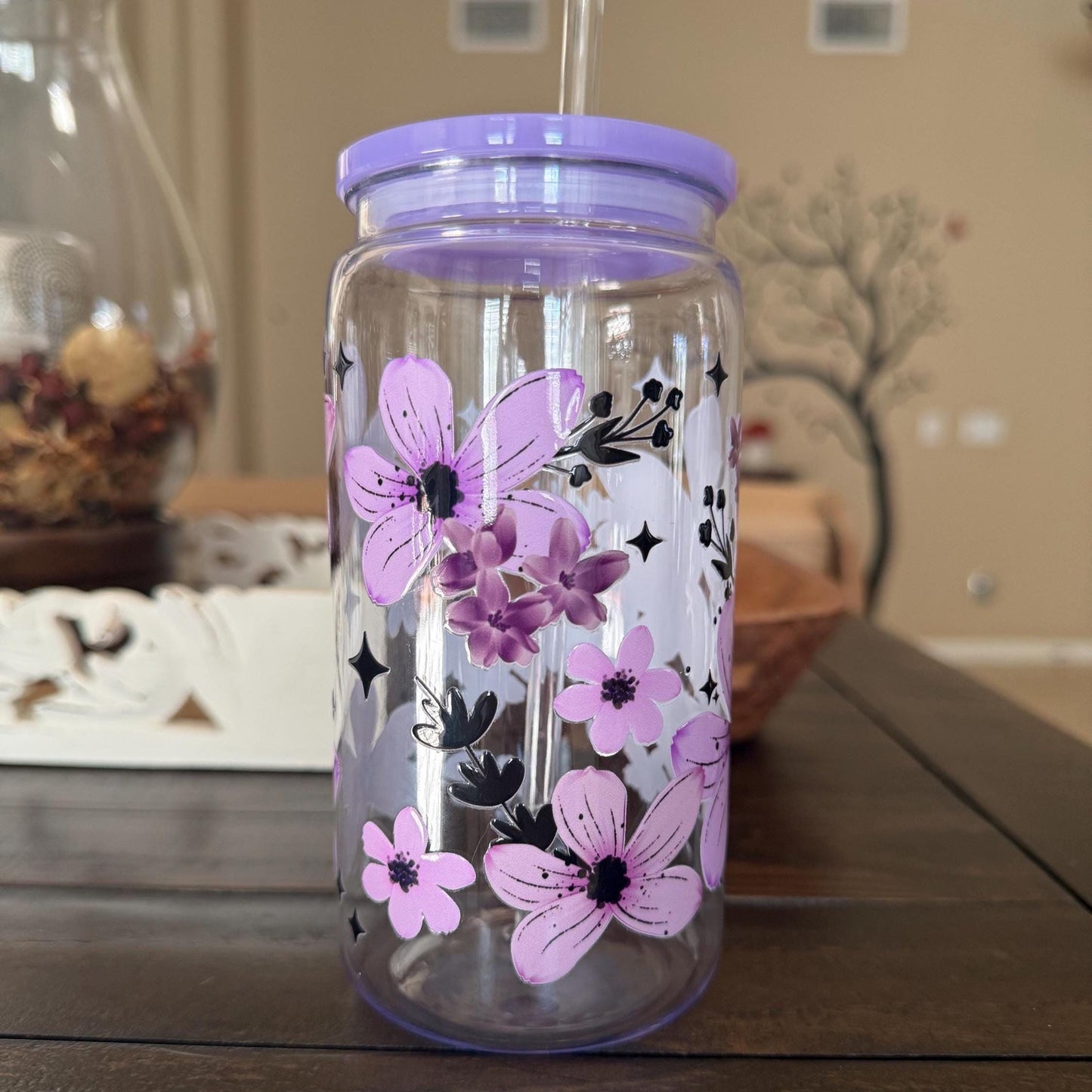 Purple Floral Cup | 16oz Acrylic Tumbler | UV DTF Wrap