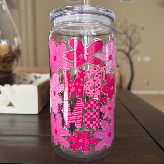 Mama Floral Acrylic Cup 16oz | BPA‑Free | UV DTF Decal