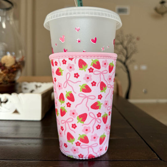 Strawberry Bow Iced Coffee Sleeve – Medium Neoprene Drink Holder