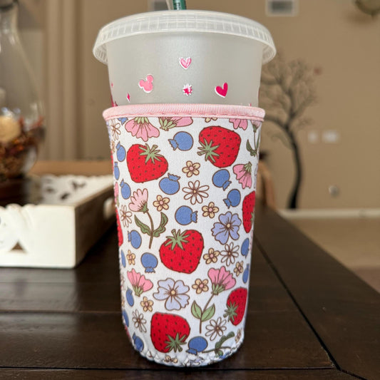 Strawberry Floral Iced Coffee Sleeve | Neoprene Reusable Cup Holder