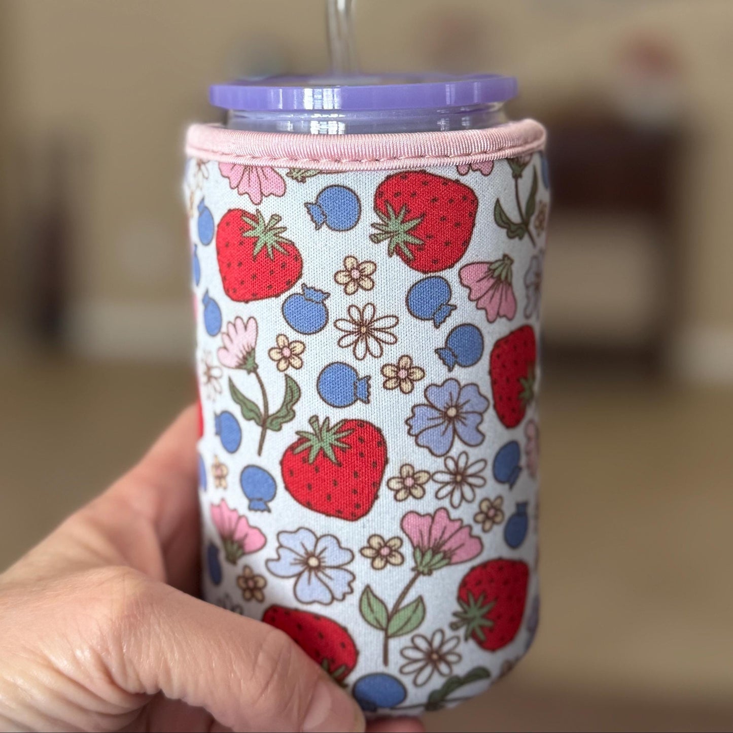 Strawberry Floral Iced Coffee Sleeve | Neoprene Reusable Cup Holder